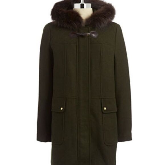Toggle Closure Hooded Duffle with Genuine Fox Fur Trim OLIVE - Picture 1 of 5